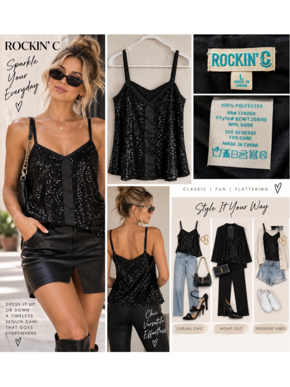 Rockin C Sequin V-Neck Cami Tank Top Satin Trim Black Large